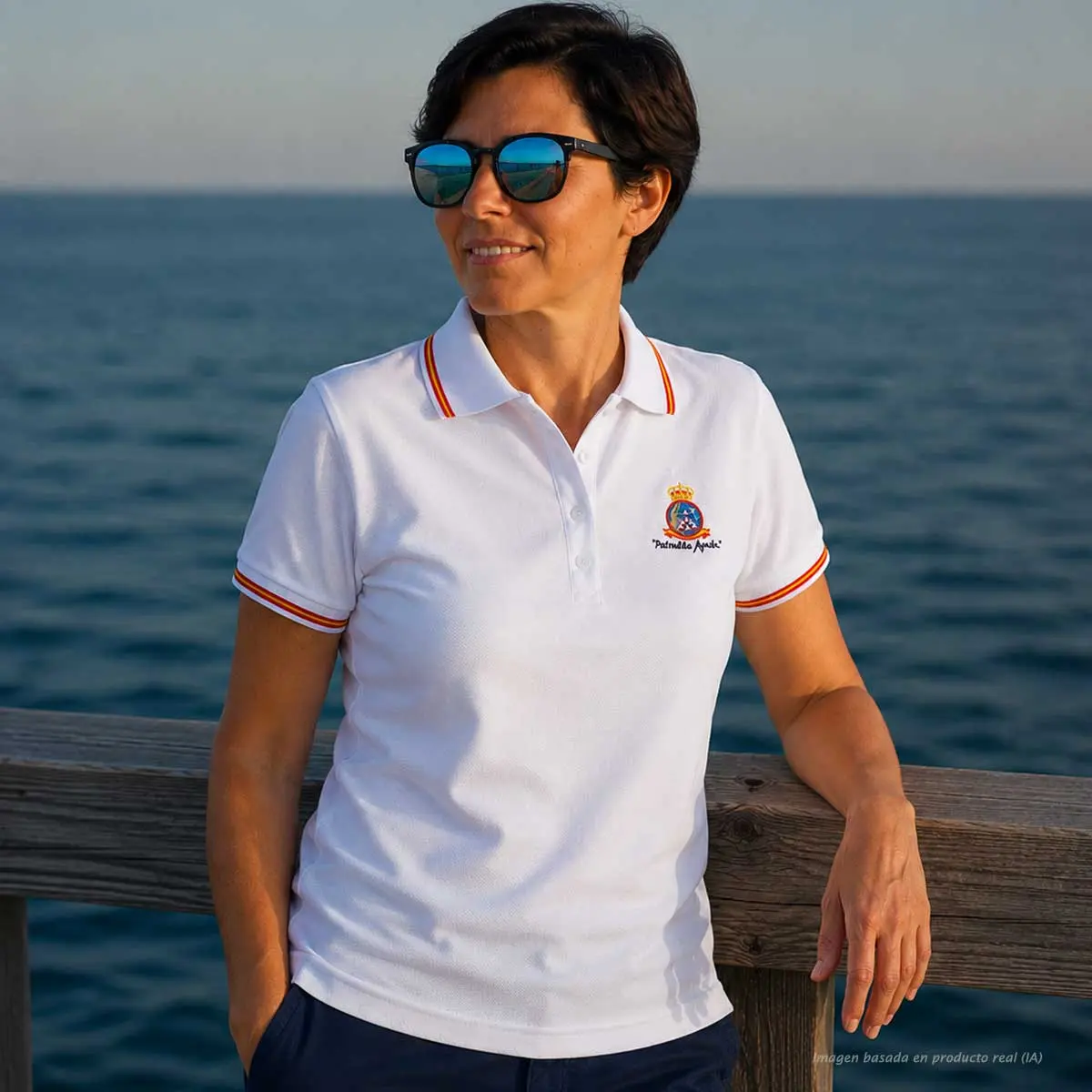 Polo Patrulla Águila blanco mujer con emblema bordado y bandera de España