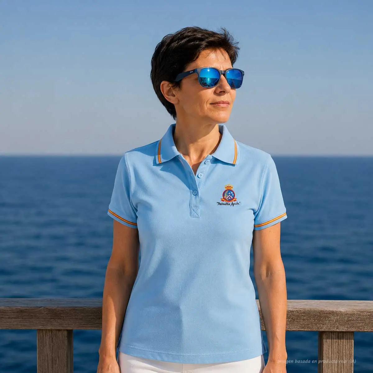 Polo Patrulla Águila celeste mujer vista lateral con emblema bordado
