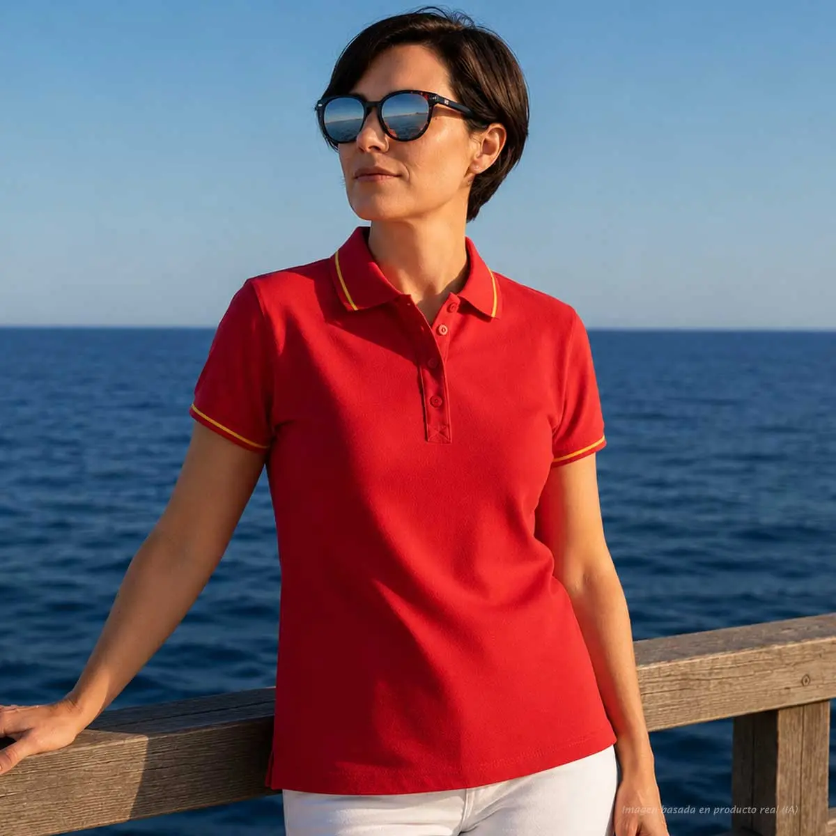 Polo rojo mujer con bandera de España integrada en cuello y mangas