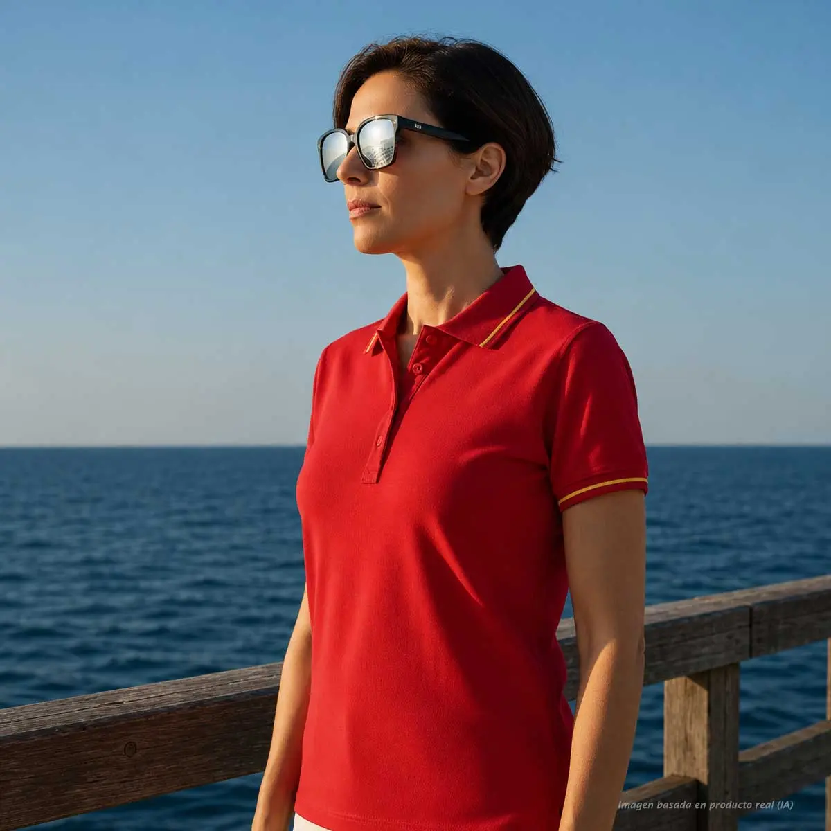 Perfil de polo rojo mujer con bandera de España en cuello y mangas