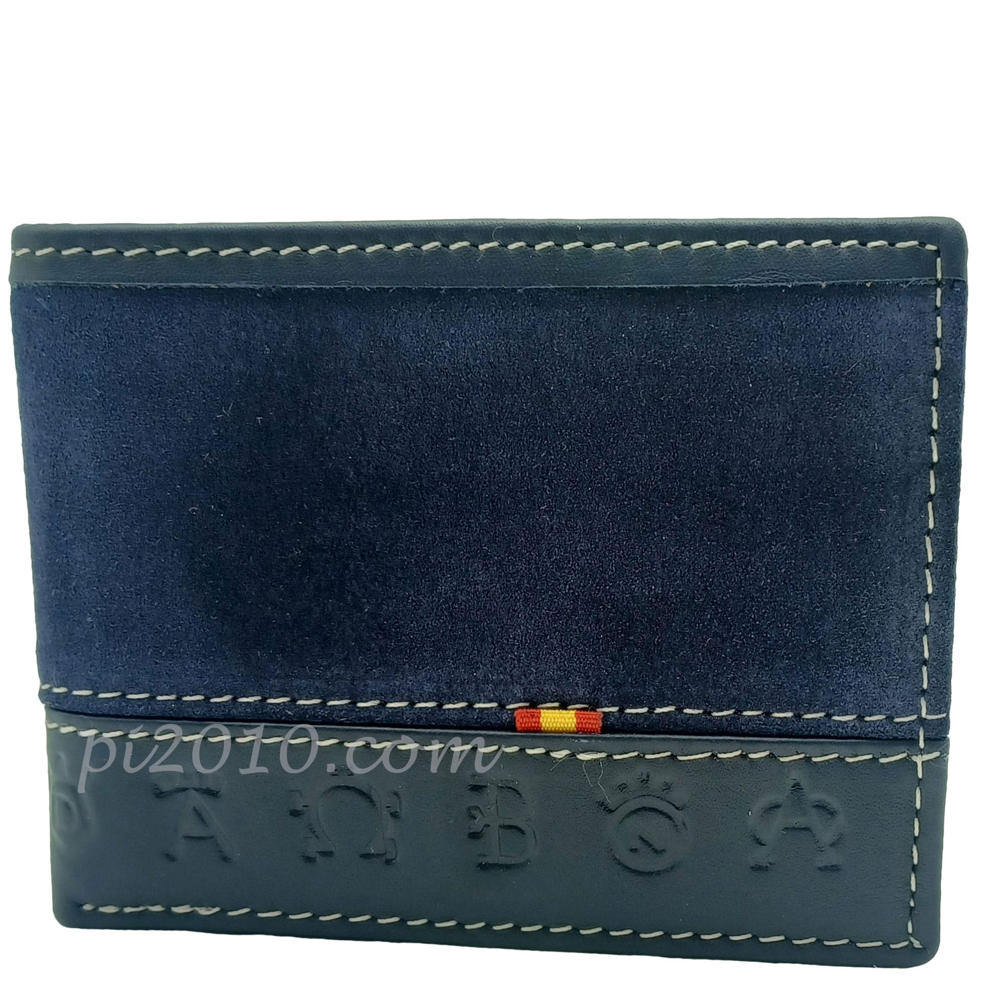 Cartera de piel de serraje marino con bandera de España.. Fabricado a mano en España.
