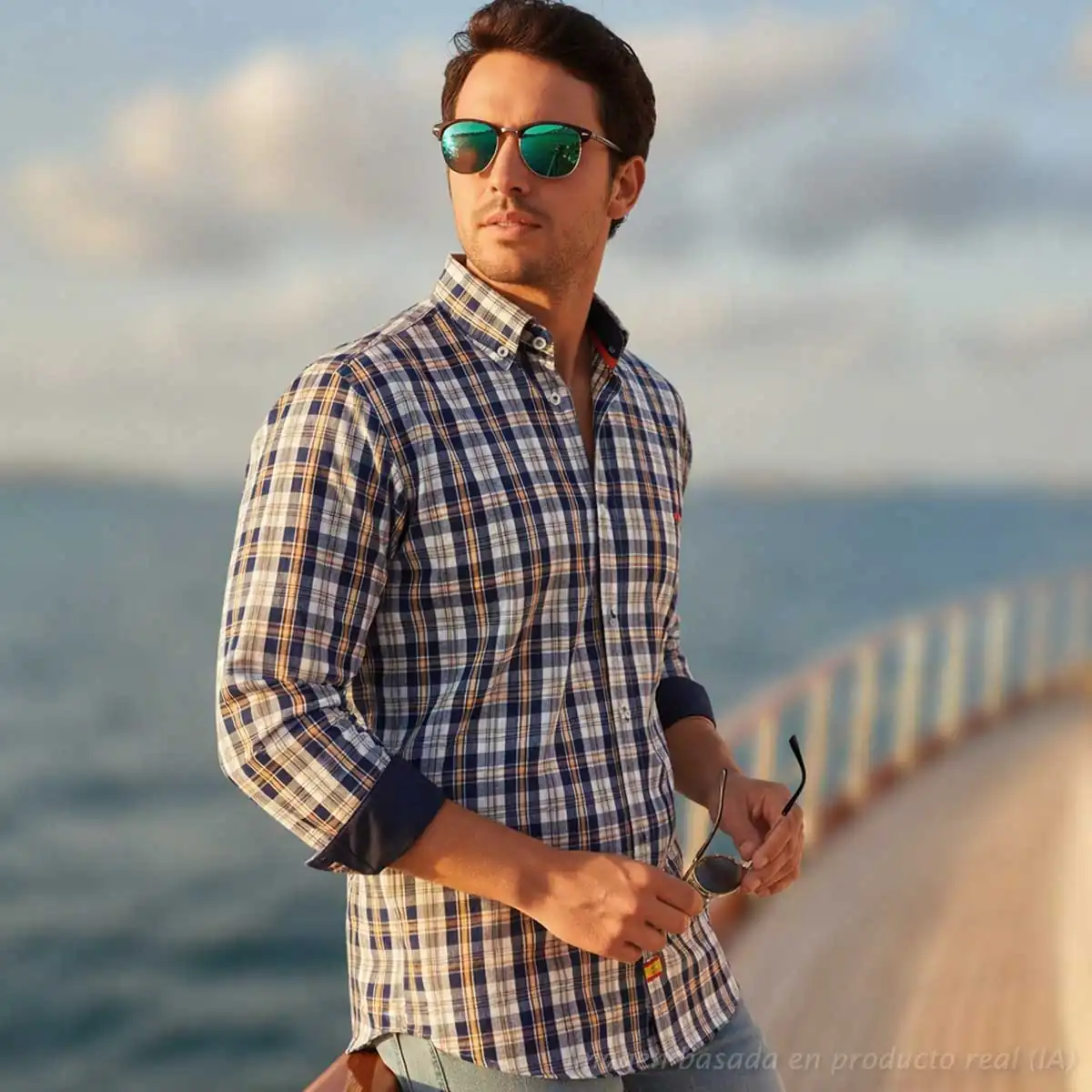 Camisa de cuadros escoceses marino con bandera de España vista lateral en hombre