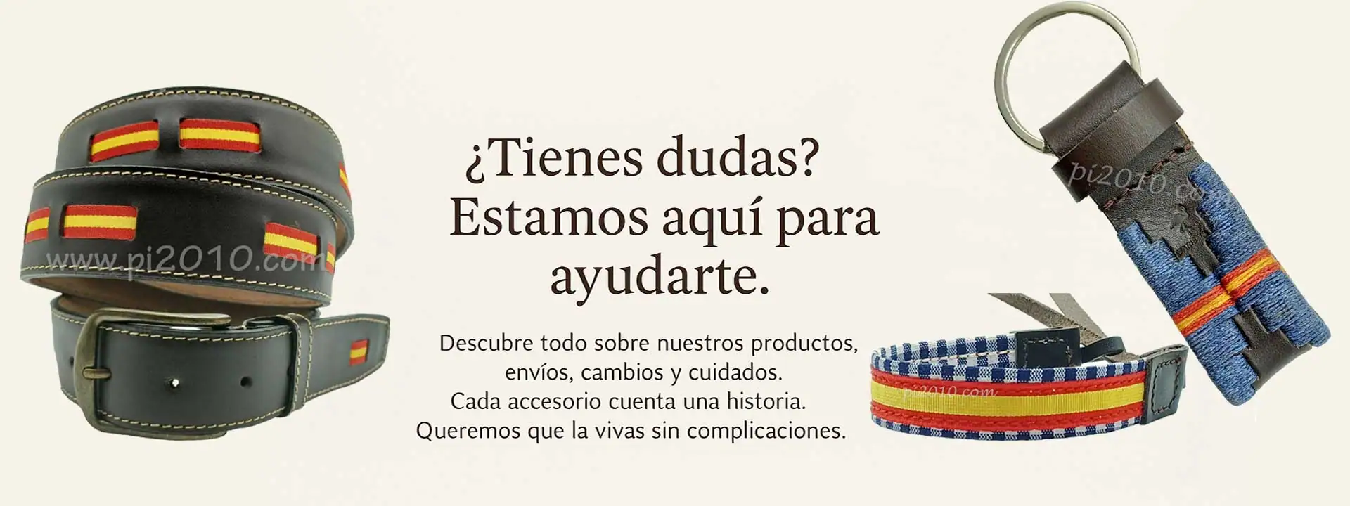 Preguntas frecuentes Pi2010 – banner con cinturón, llavero y pulsera con la bandera de España