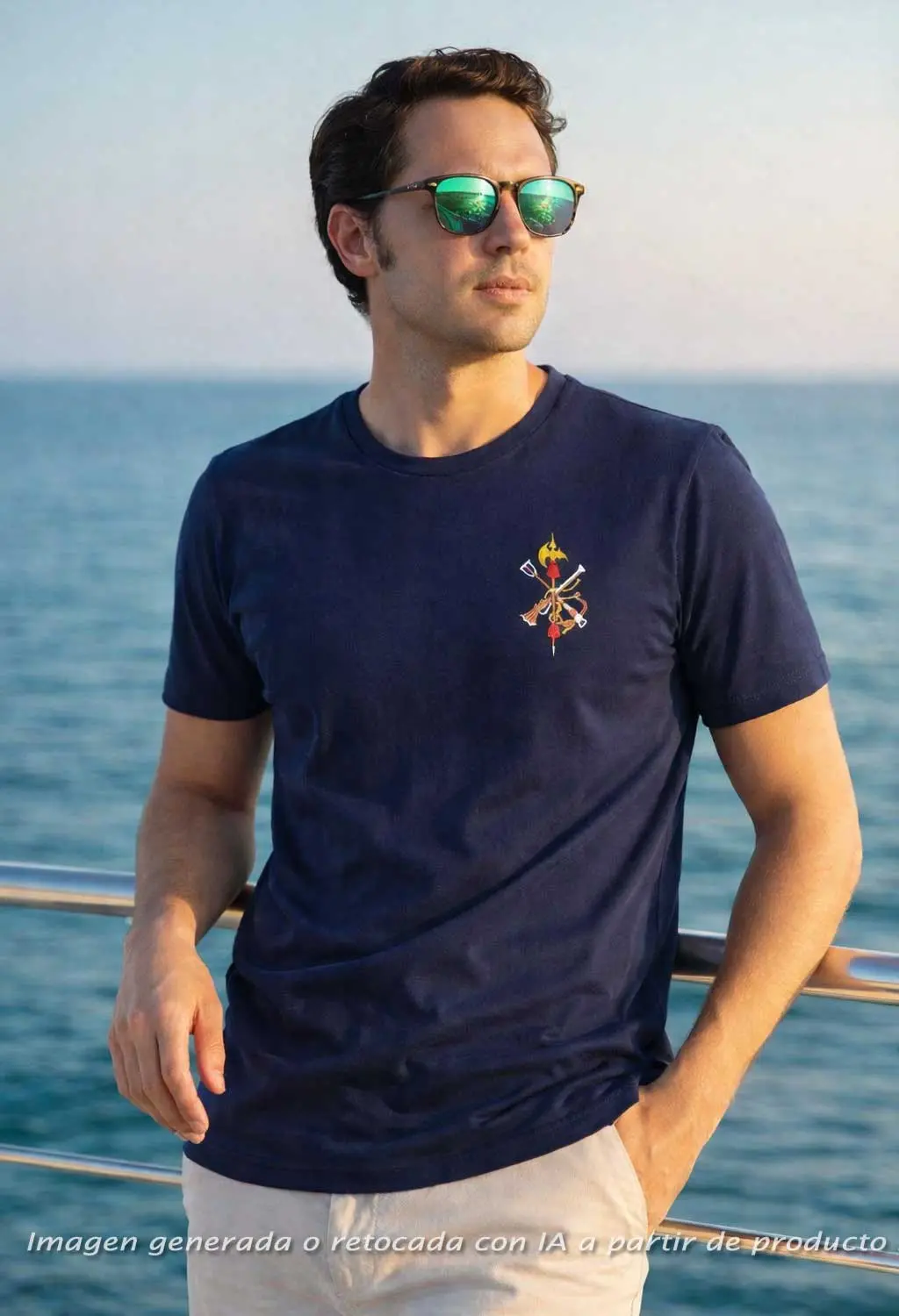 Camisetas con la bandera de España y emblemas militares con fondo de mar