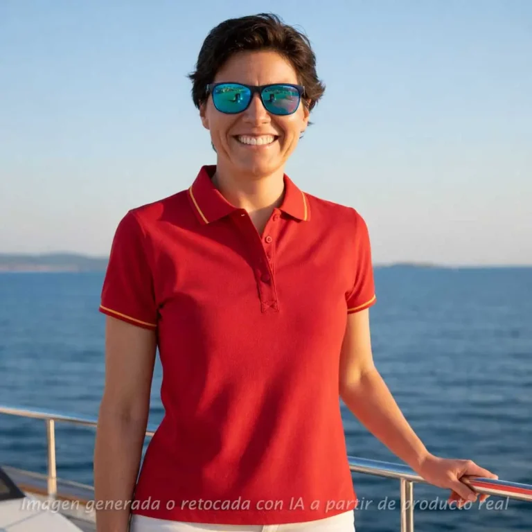 alt="Polo mujer rojo con bandera de España PI2010 con detalle en cuello y mangas junto al mar"