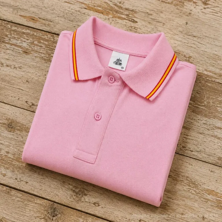 Polo rosa con bandera de España para hombre sobre madera envejecida